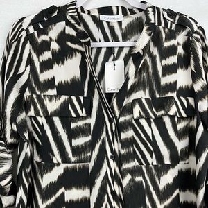 Calvin Klein Patterned Roll-Sleeve Button-Down Blouse with Double Breast Pocket